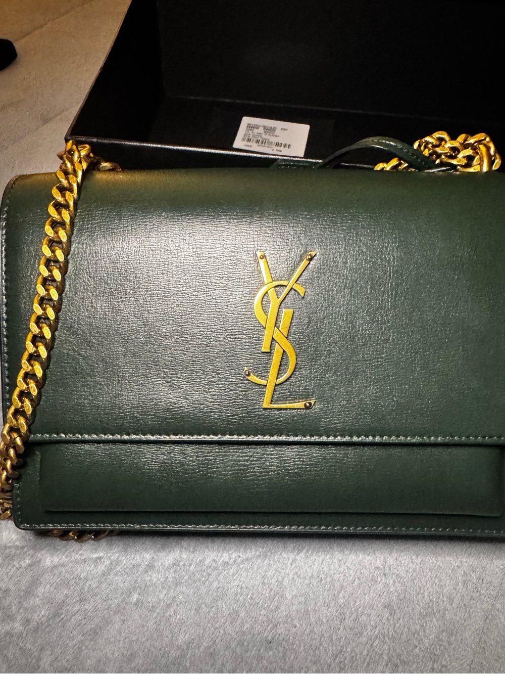 Saint Laurent Dark Green Leather Monogram sunset Crossbody with Gold Chain.